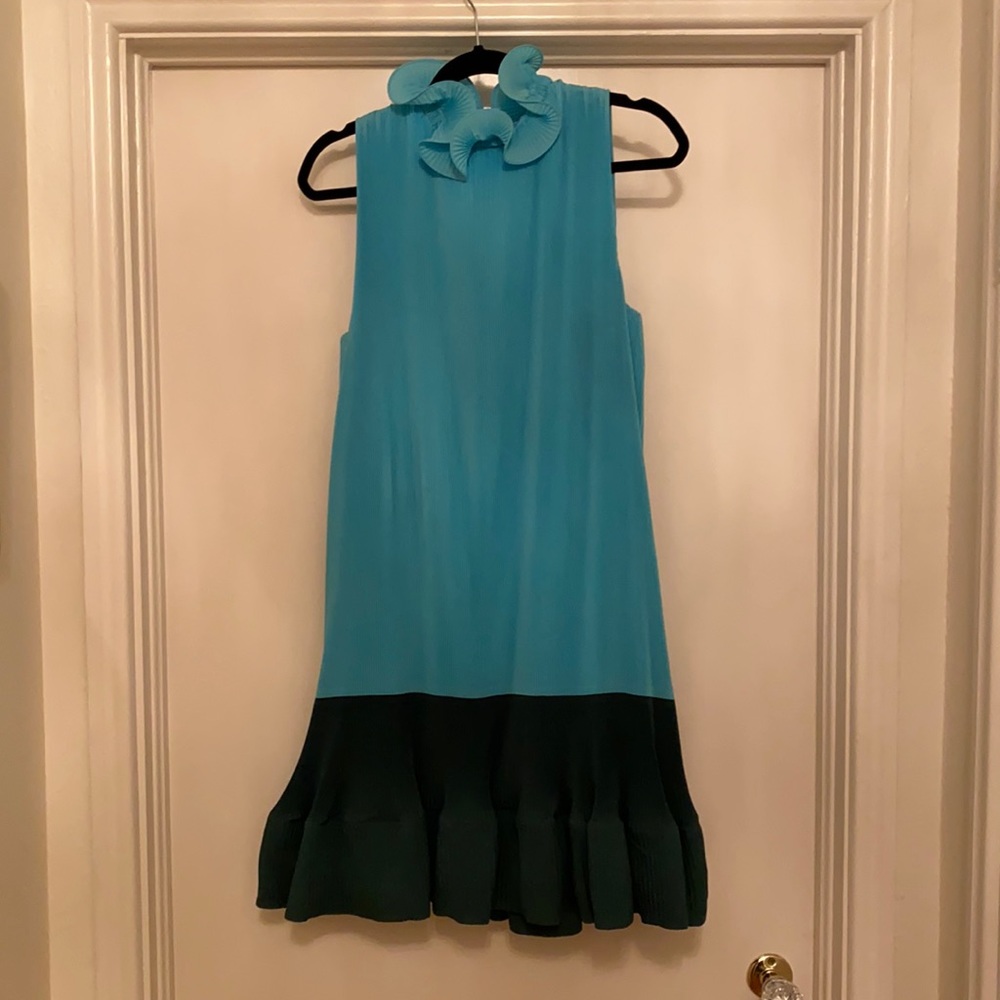 Tibi Turquoise and Dark Green Ruffled Neck Mini Dress